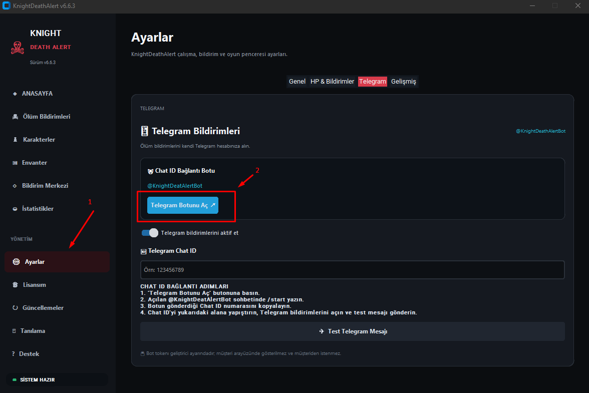Ayarlar → Telegram Bölümünü Açın